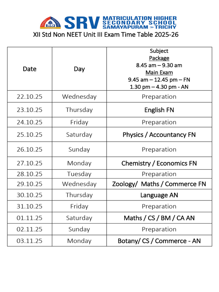 XII STD Unit III Exam Time Table | PDF