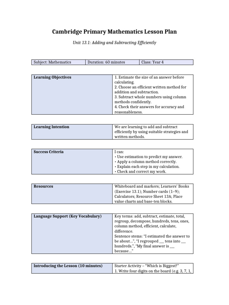 Year 4 Efficient Addition & Subtraction Plan | PDF | Subtraction ...
