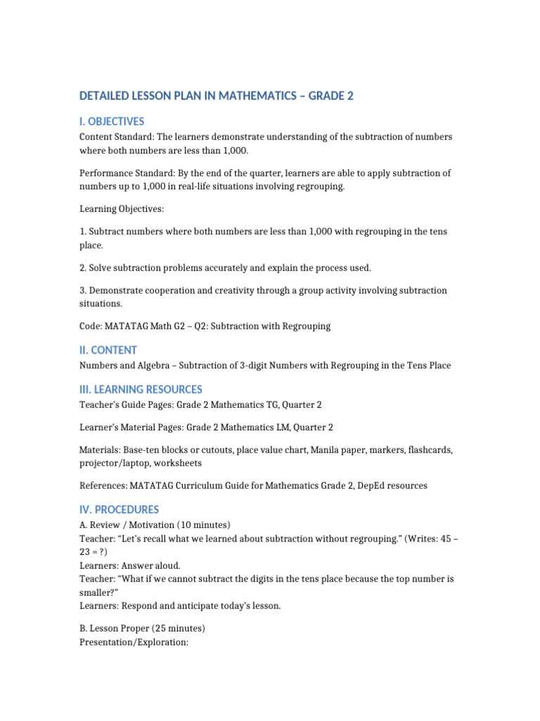 Grade 2 Subtraction with Regrouping Plan | PDF | Learning | Educational ...