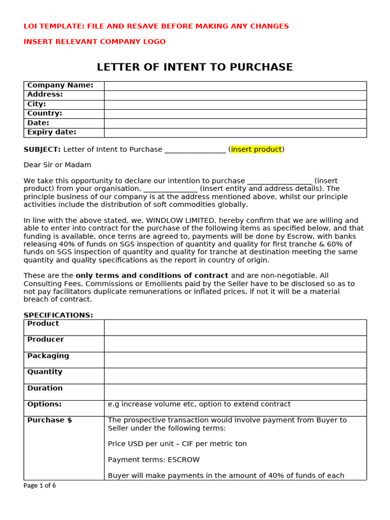 Letter of Intent For Commodities Trading | PDF | Private Law | Business Law