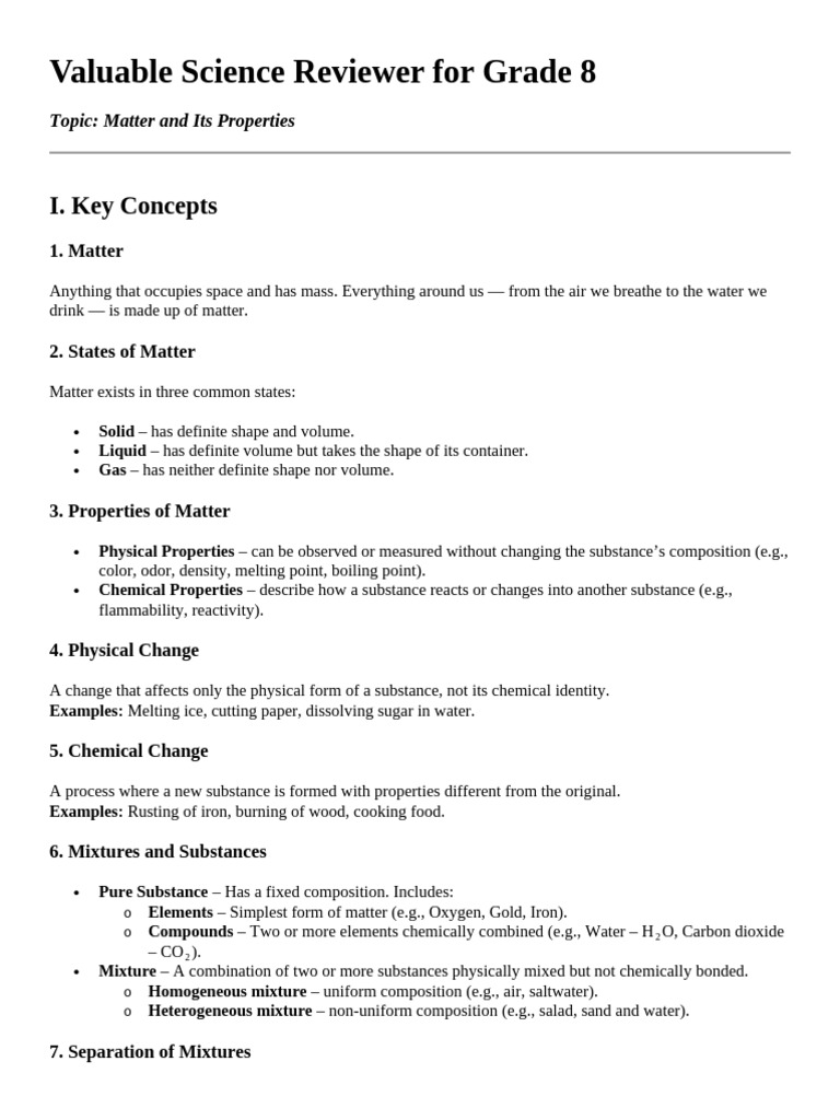Grade 8 Matter Properties Guide | PDF | Chemical Substances | Mixture