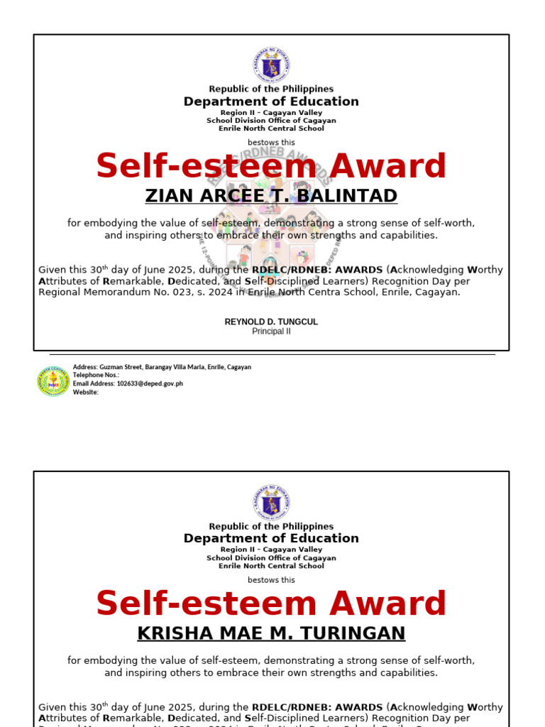 Enrile North Central School Awards 2025 | PDF | Self Esteem | Cognition