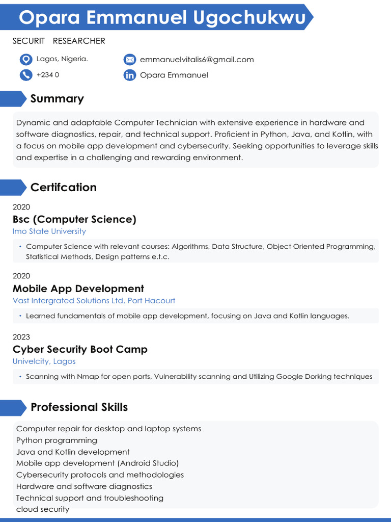 Opara Emmanuel CV | PDF | Computer Security | Security