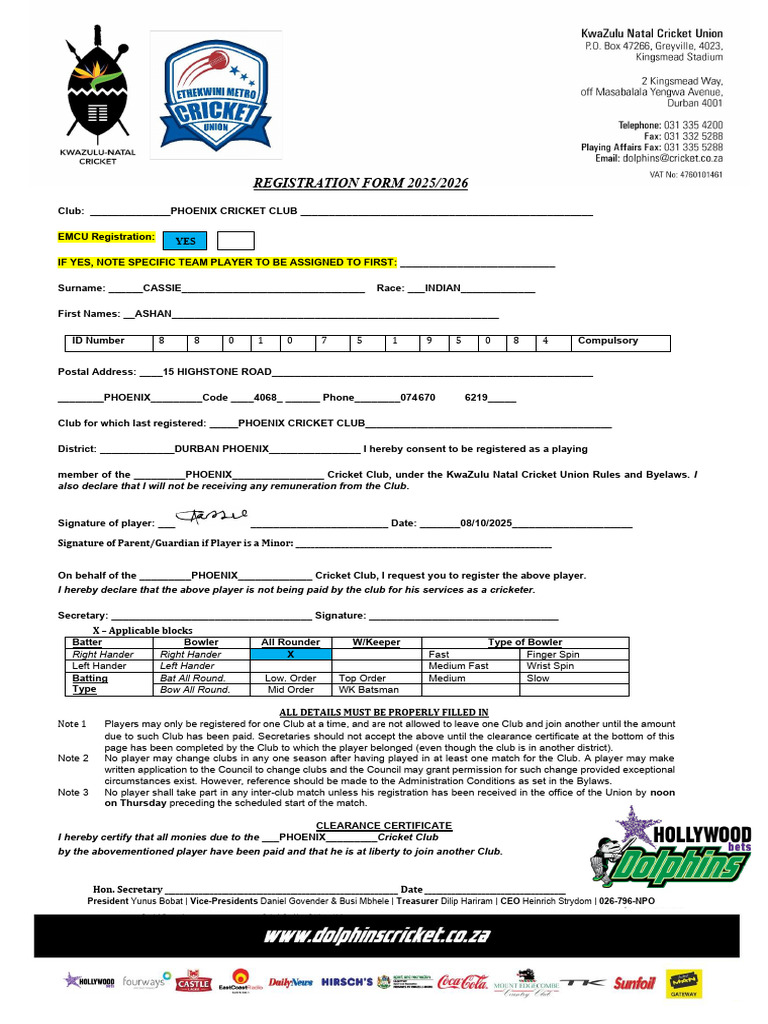 Phoenix Cricket Club Registration Form | PDF | Cricket | Games Of ...