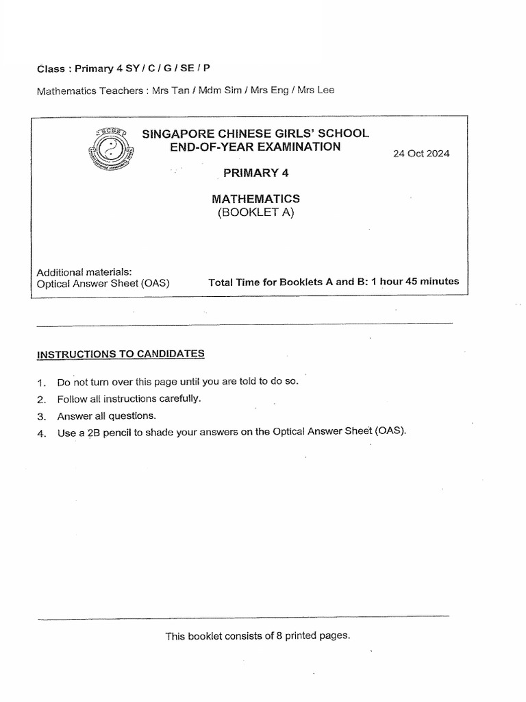 2024 P4 Maths End of Year Exam SCGS | PDF
