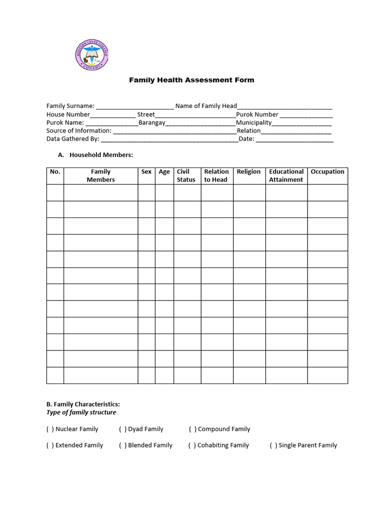 Family Health Assessment Form Template | PDF | Family | Sanitation