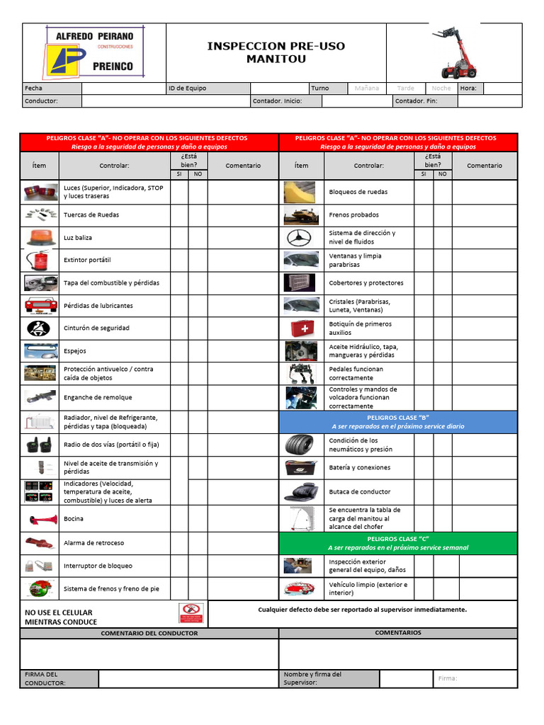 Inspección Pre-uso Manitou: Checklist Seguridad | PDF | Vehículo de ...