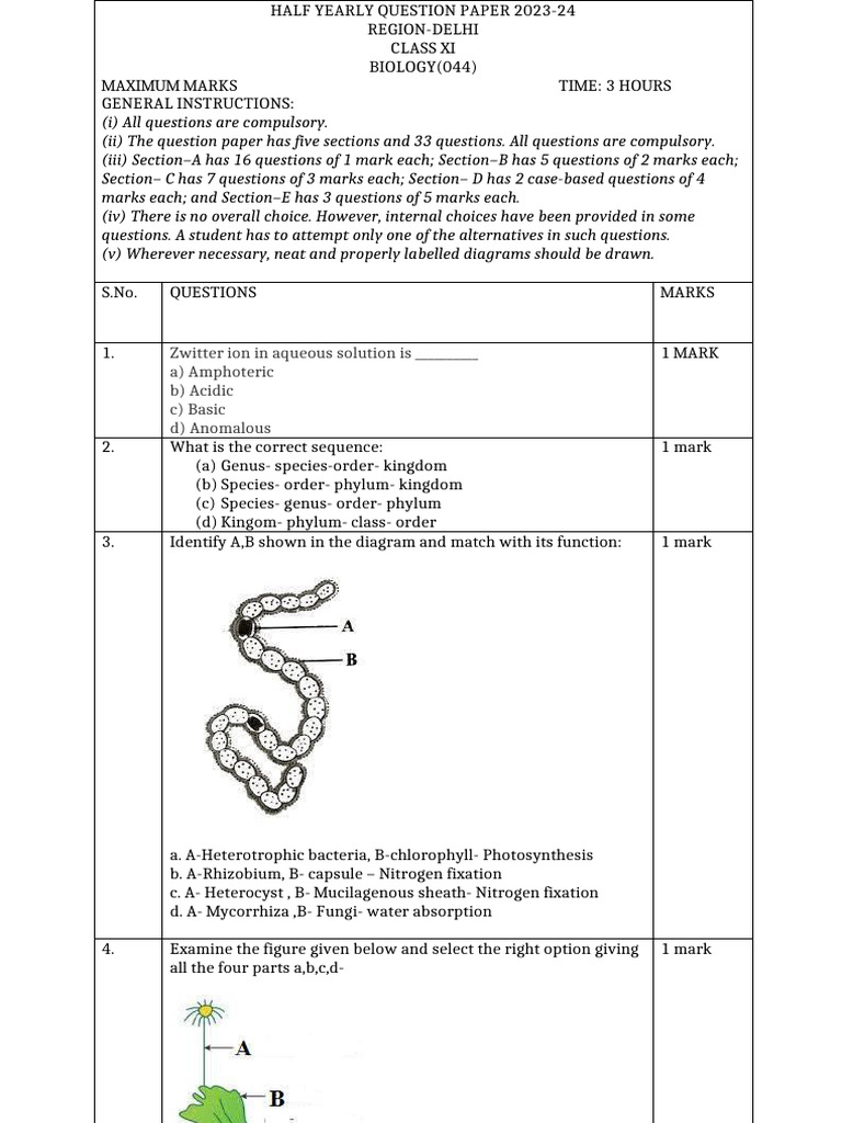 Class XI Biology Half-Yearly Exam 2023 | PDF