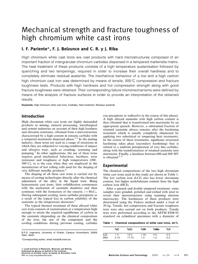 Mechanical Properties of High Chromium Cast Irons | PDF | Fracture ...