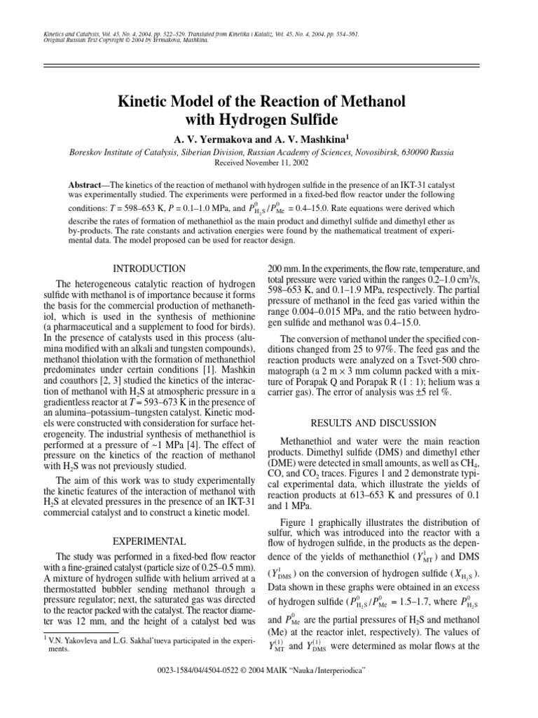 Kinetics of Methanol and H2S Reaction | PDF | Catalysis | Chemical Kinetics