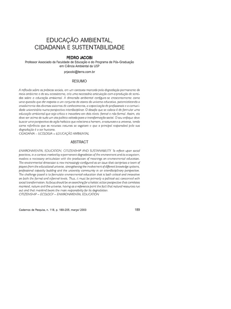 Educação Ambiental e Sustentabilidade | PDF | Sustentabilidade ...