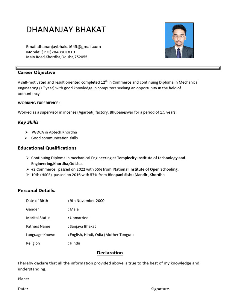 Resume of Dhananjay Bhakat | PDF