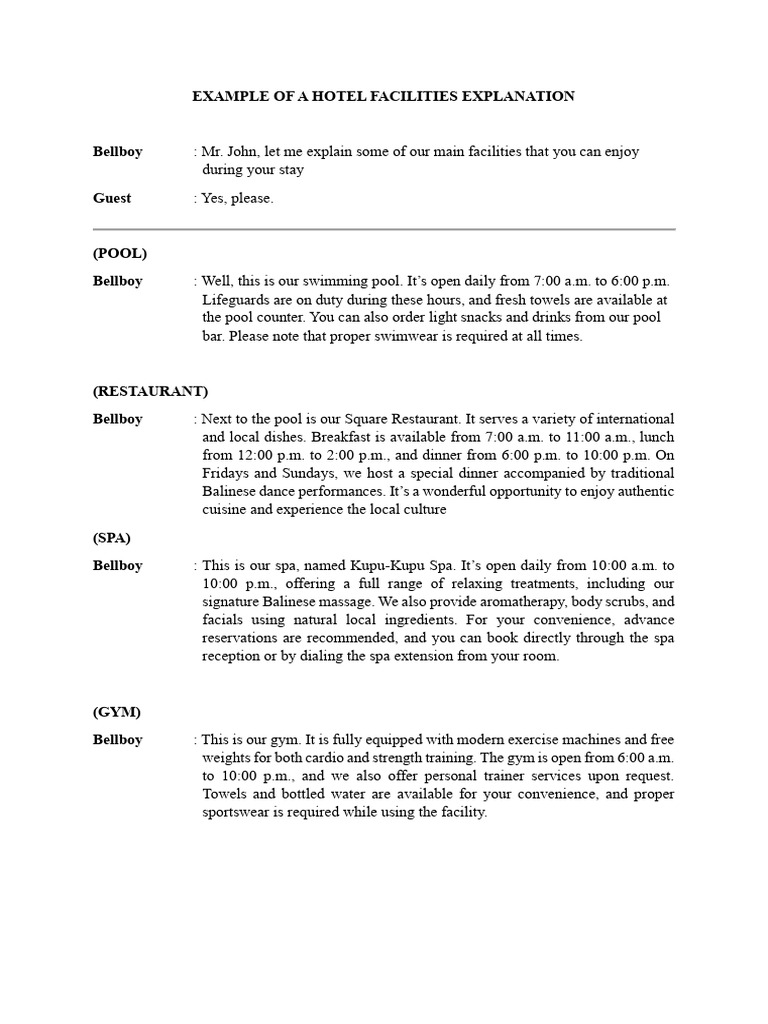 Examle of A Hotel Facilities Explanation | PDF | Spa | Foods