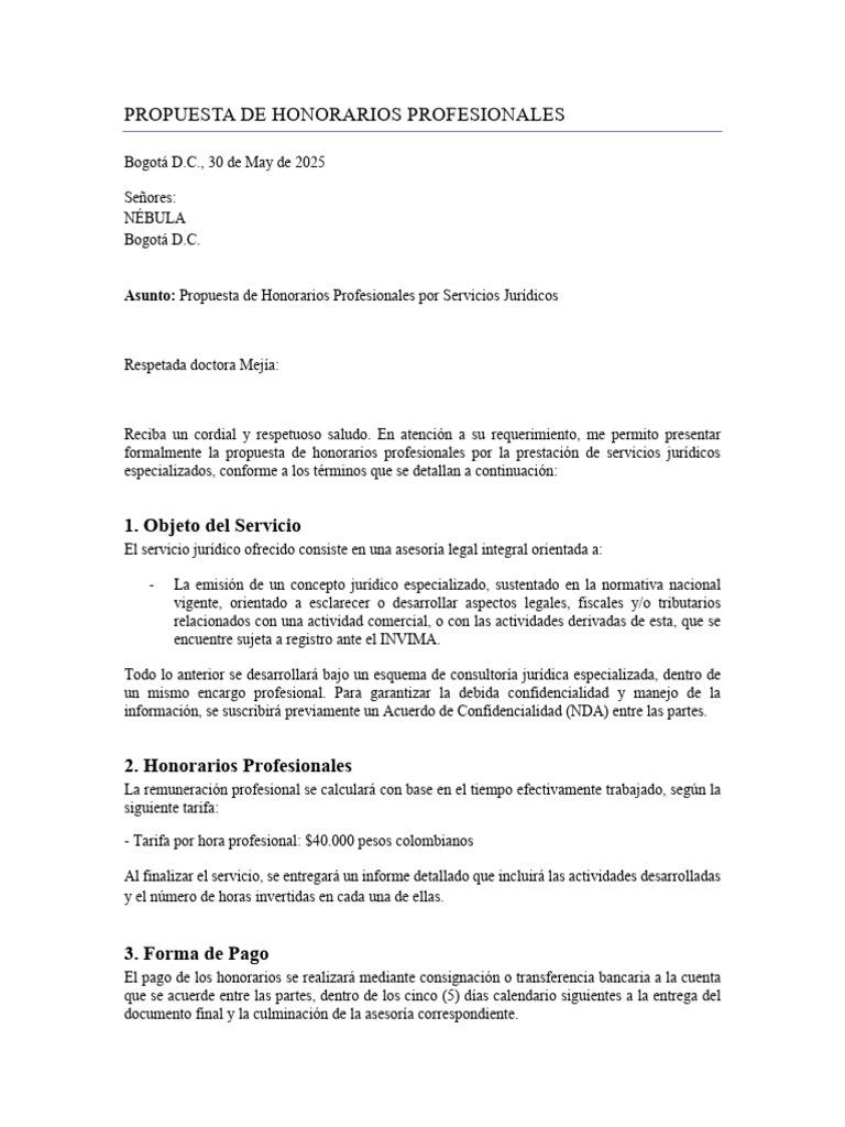 Propuesta de Honorarios NÉBULA | PDF
