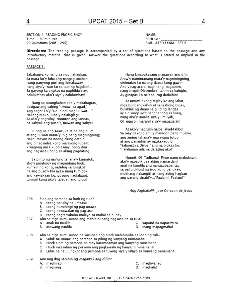 UPCAT 2015 Reading Proficiency Exam | PDF