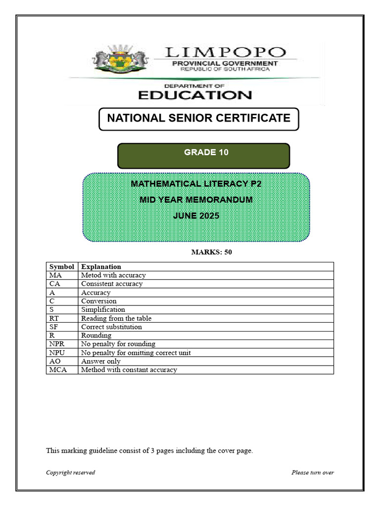 Grade 10 Mathematical Literacy Memo | PDF | Mathematics