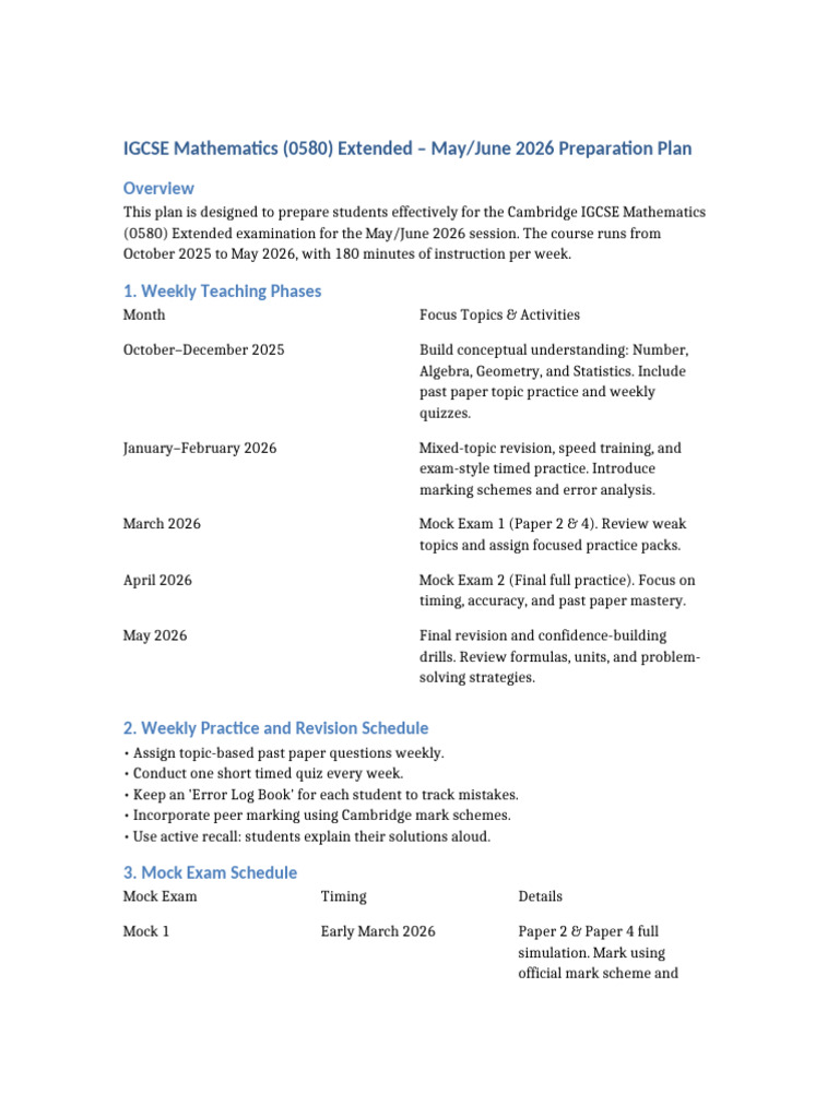 IGCSE Mathematics 0580 Extended May June 2026 Preparation Plan | PDF ...