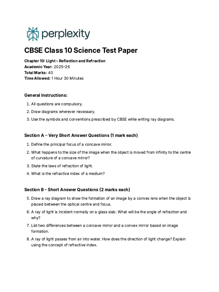CBSE Class 10 Science: Light Reflection & Refraction Test | PDF | Light ...
