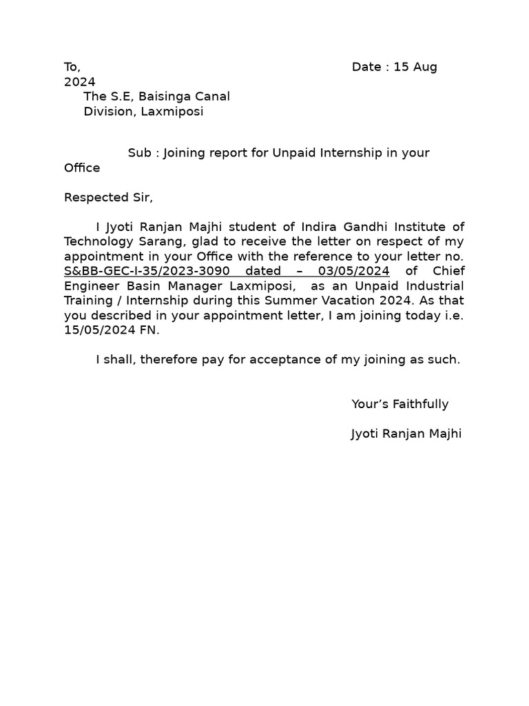 Joining Report for Unpaid Internship | PDF