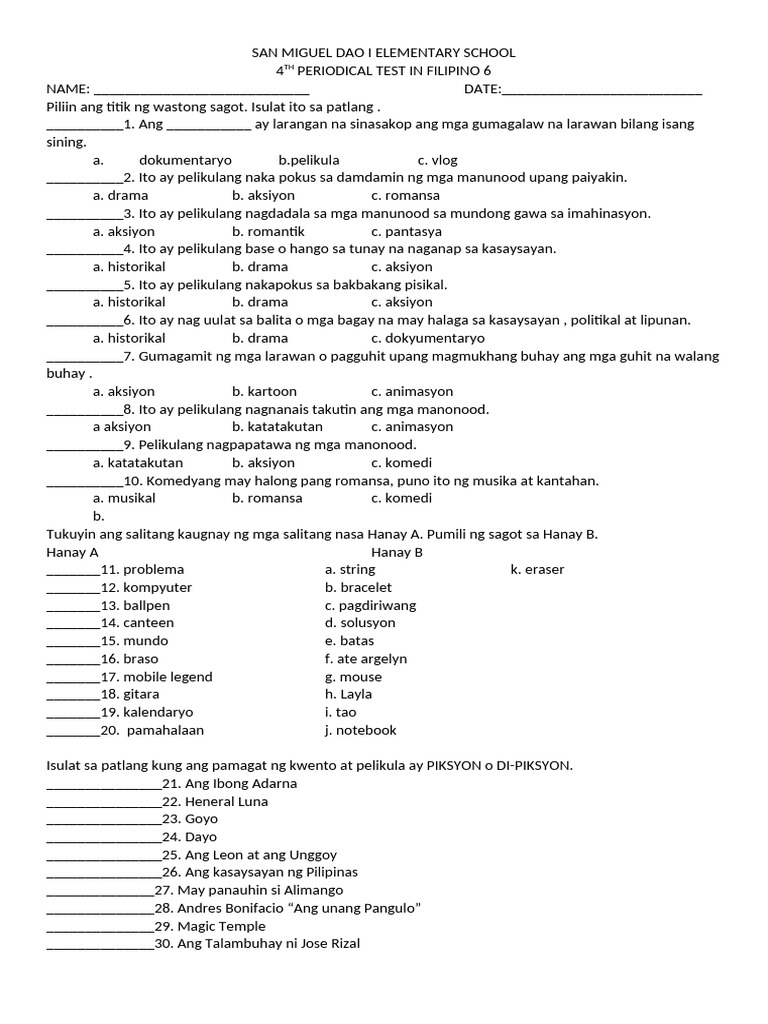 4th Periodical Test in Filipino 6 2025 | PDF