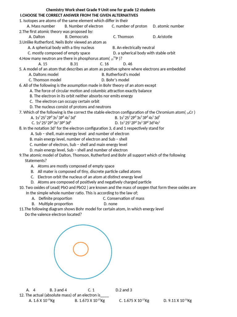 Grade 9 Chemistry Worksheet: Atomic Theory | PDF | Chemical Bond | Atoms