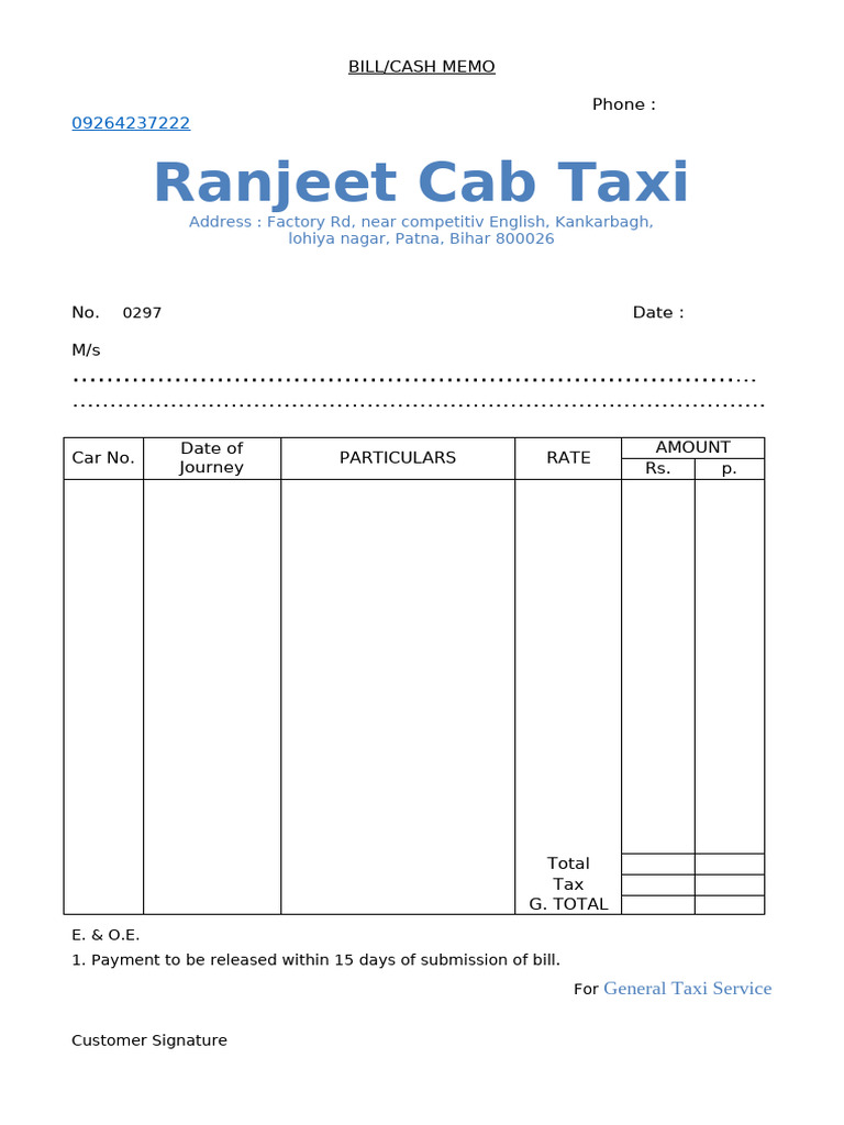 Patna Taxi Service Bill/Cash Memo | PDF