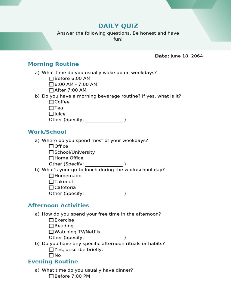 Daily Routine Quiz Template | PDF