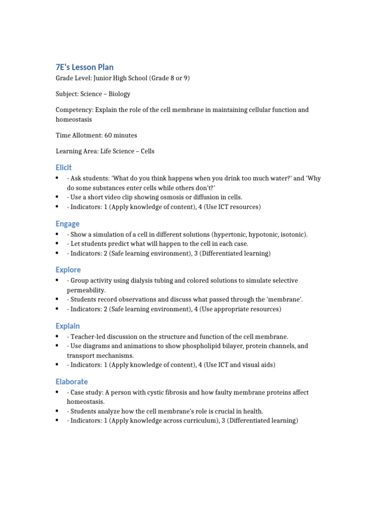 7E's Lesson Plan on Cell Membrane Functions | PDF