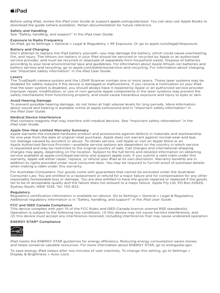 iPad Safety and Warranty Information | PDF | I Pad | Apple Inc.