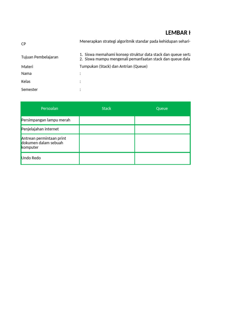 LKPD BK-K10-03-U Penggunaan Stack Dan Queue Secara Tepat | PDF