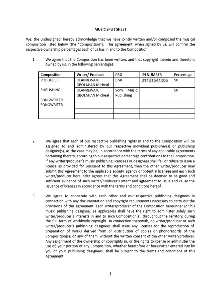 (Template) Music Split Sheet | PDF | Copyright | License