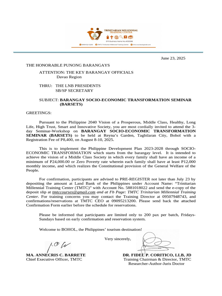 A Invitation Brgy Socio Economic Transformation Seminar Barsets | PDF