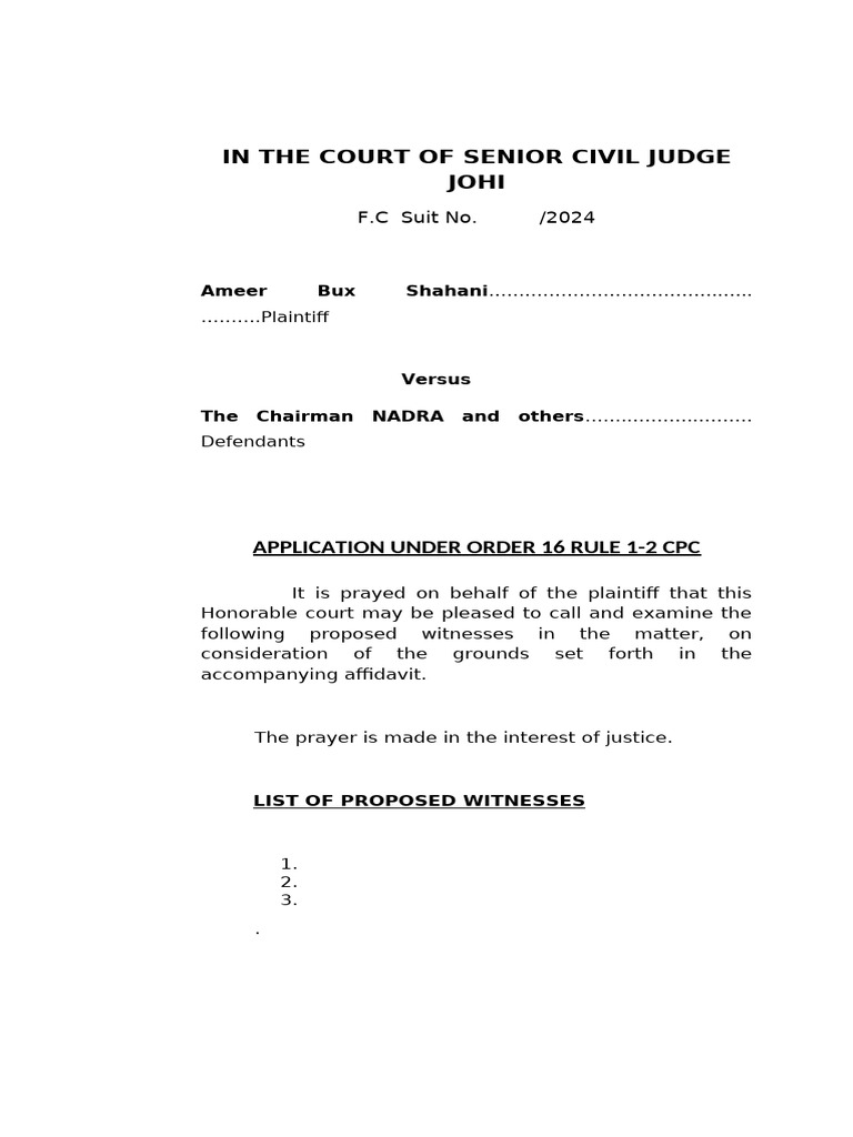 Ameer Bux Shahani Nadra List of Witness 16 Rule 1-2 CPC - 022139 | PDF