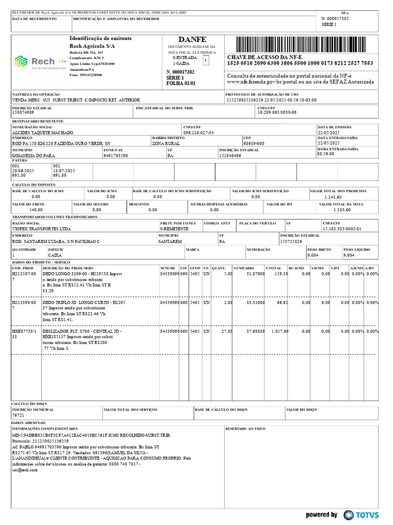 Nota Fiscal Rech Agrícola S/A Recebida | PDF | Recibo | Business