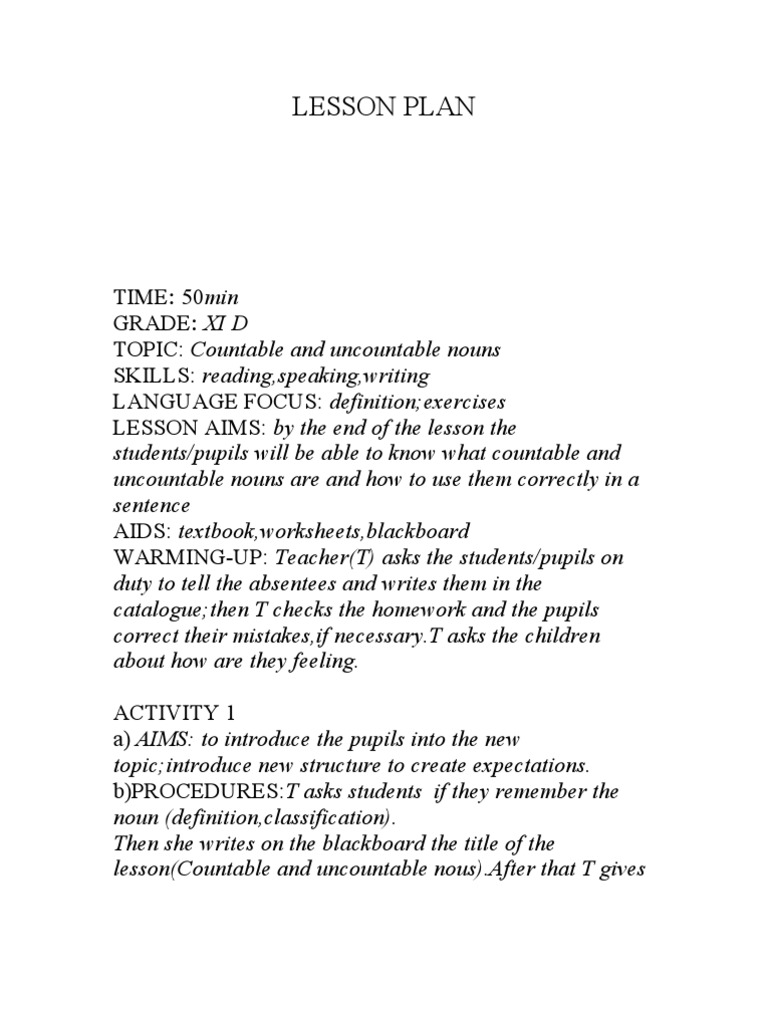 Lesson Plan Countable And Uncountable Nouns Noun Plural
