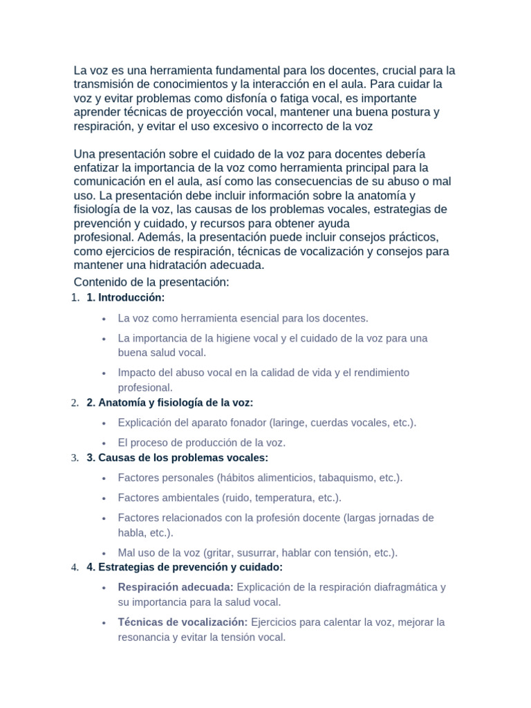 Cuidado de la Voz para Docentes | PDF