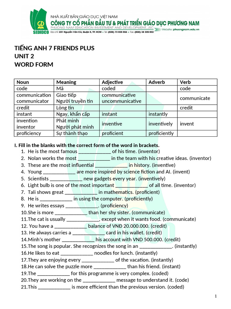 Word Forms in English for Grade 7 | PDF | Invention | Communication