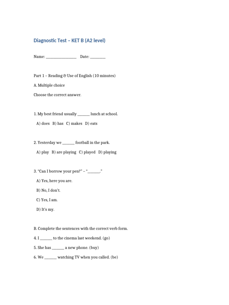 KET B Diagnostic Test Overview | PDF