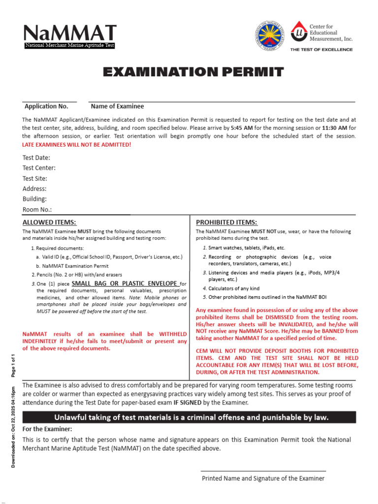Nammat Examination Permit-2025009545 | PDF