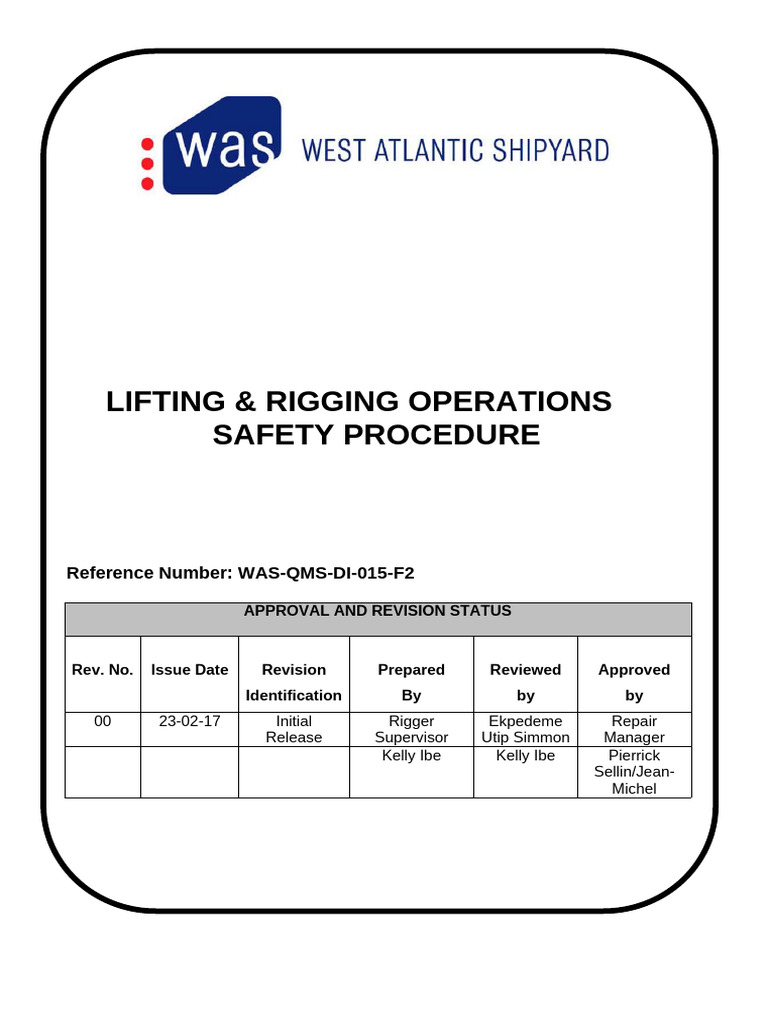 Rigging and Lifting Operation Safety Procedure WAS-QMS-DI-015-F2 | PDF ...