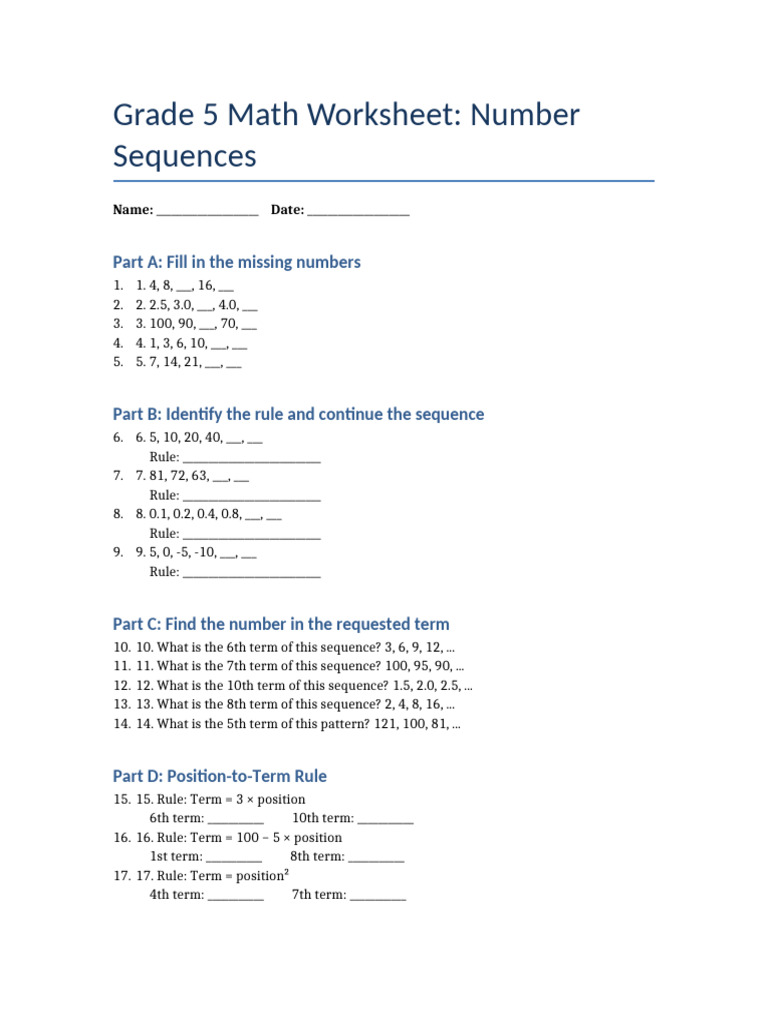 Grade 5 Number Sequences Worksheet | PDF | Chess | Chess Theory