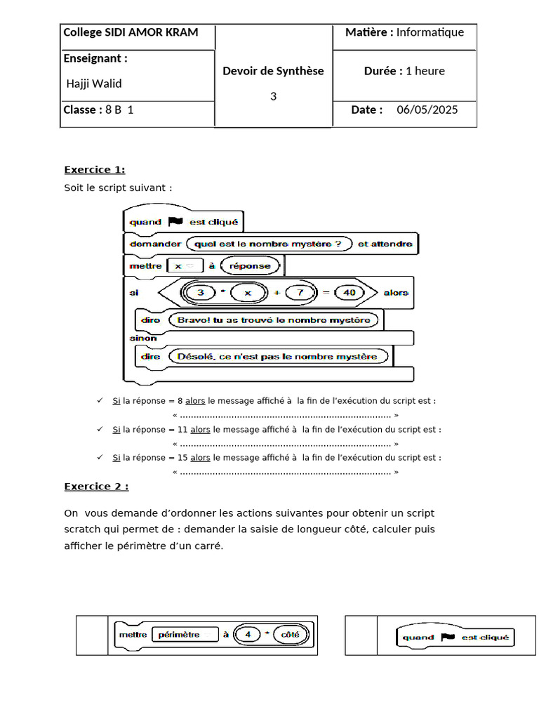 Exercices de programmation Scratch 8B1 | PDF
