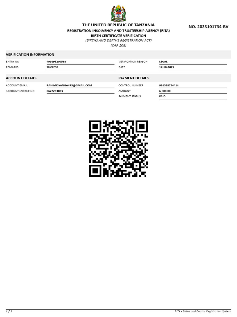 RITA Birth Certificate Verification Details | PDF