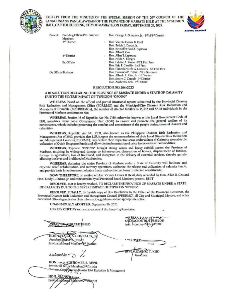 Proof On Declaration of State of Calamity Resolution | PDF