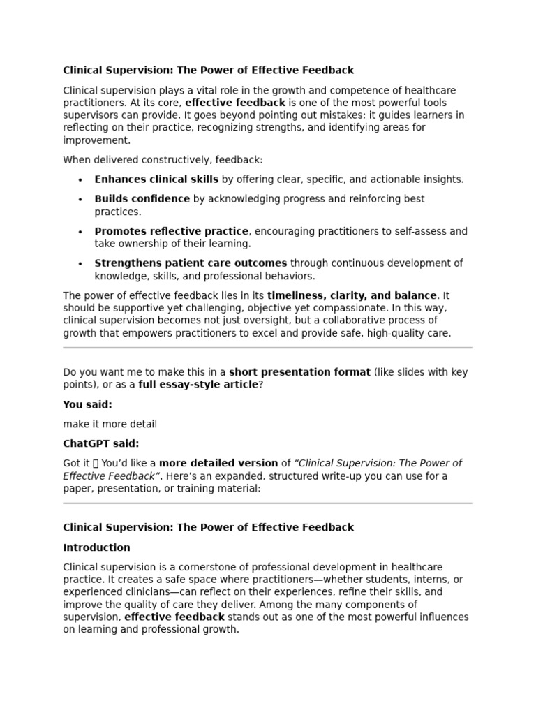Effective Feedback in Clinical Supervision | PDF | Teachers | Learning