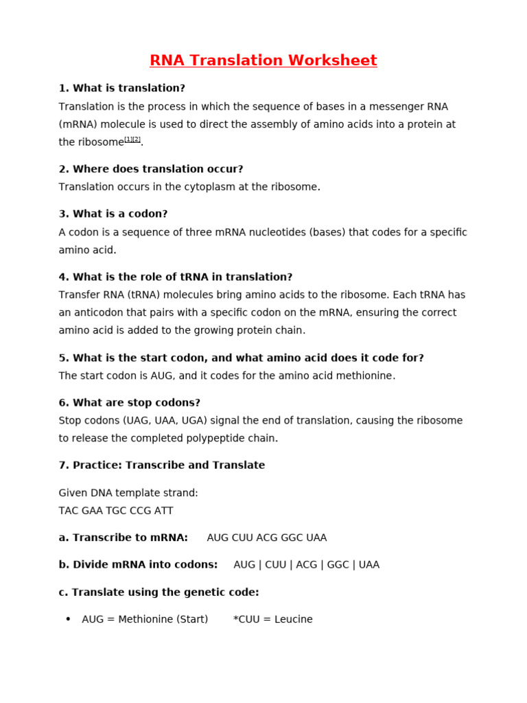 RNA Translation Worksheet With Answers | PDF | Translation (Biology ...