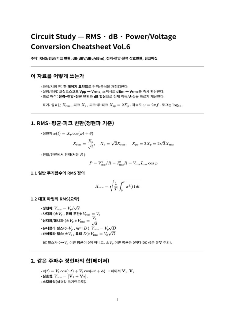 회로이론 공식·풀이 치트시트 Vol.6 (RMS실효값,dB,전력전압) | PDF