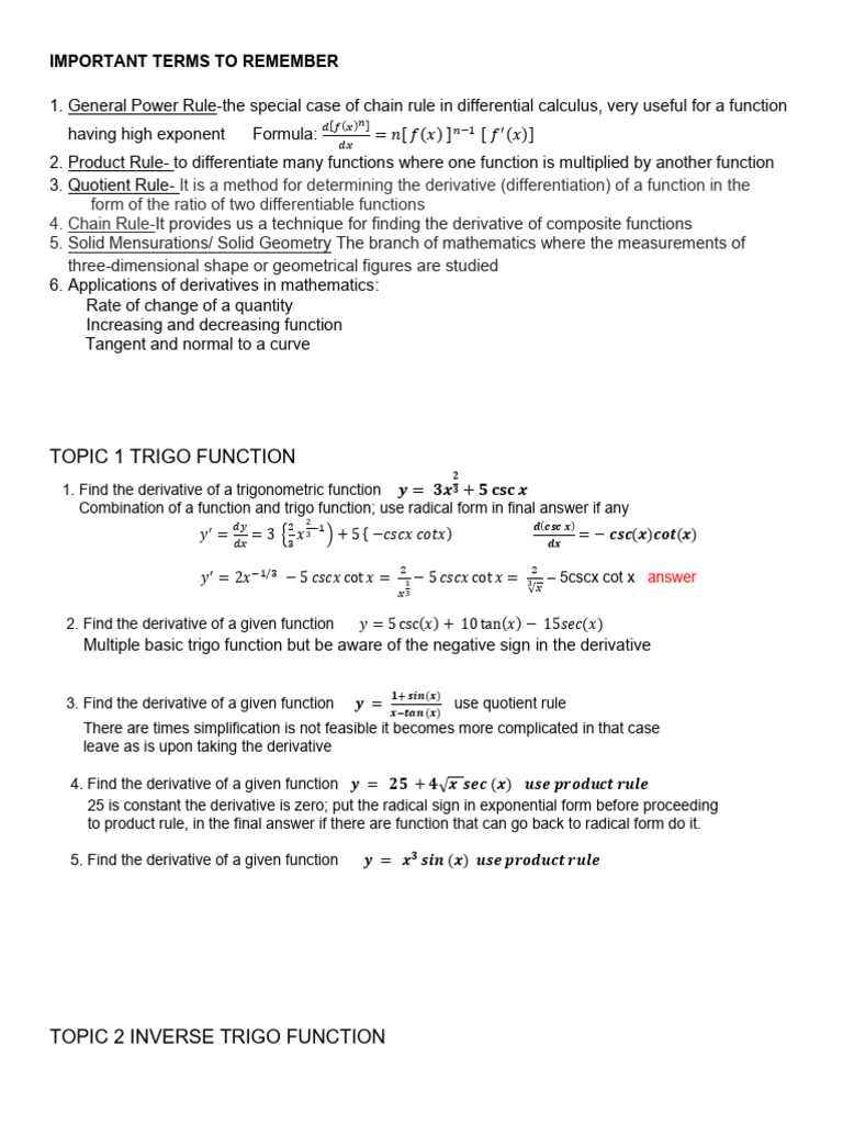 Key Derivative Rules and Examples | PDF | Derivative | Function ...