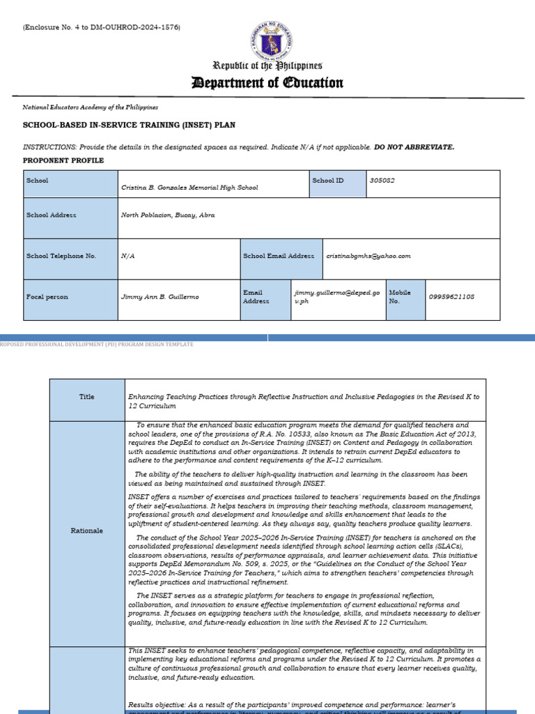 INSET Plan for Teacher Development | PDF | Learning | Teachers
