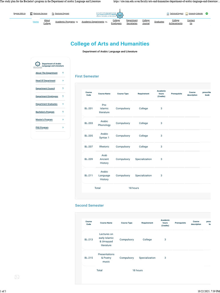 The Study Plan For The Bachelor's Program in The Department of Arabic ...
